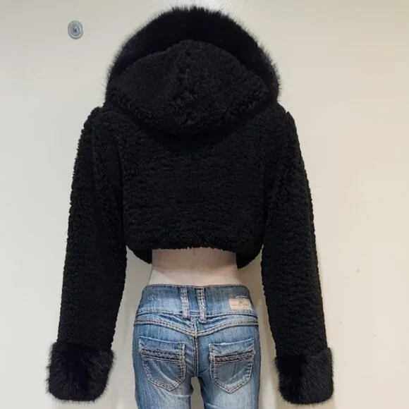 💋CHIC & SEXY💋Lux Black Vegan Shearling Lamb & Fox Fur Hoodded Crop Jacket - Picture 13 of 16
